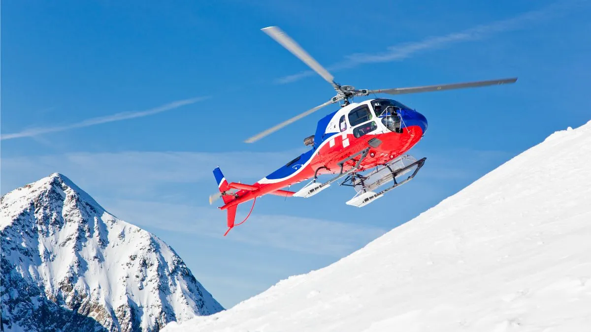 Helicopter flying over Annapurna mountains