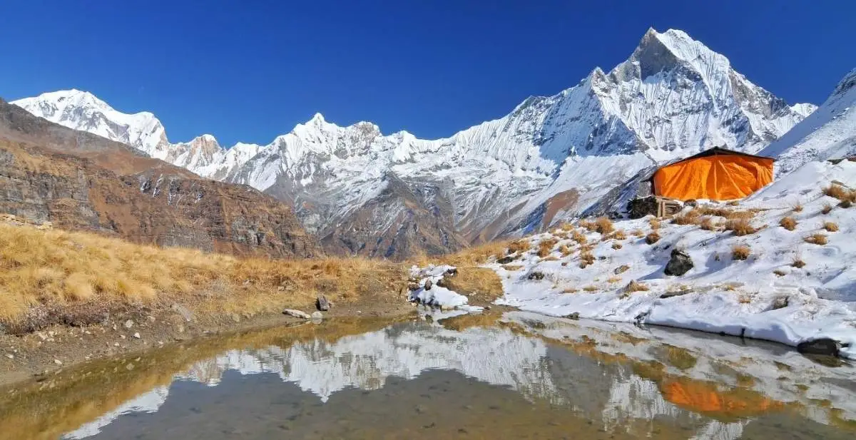 Snow-covered peaks of Annapurna seen from a helicopter