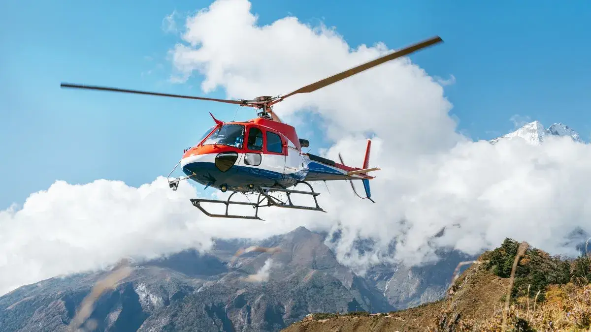 Helicopter flying in Upper Mustang region